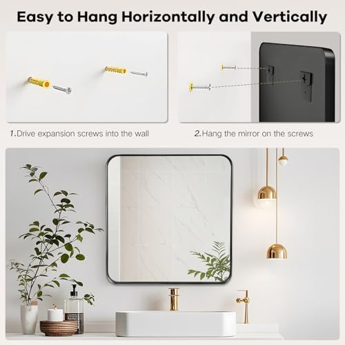 Black Bathroom Vanity Mirror Over Sink 28x28, Wall Mounted Square Mirror - Image 4
