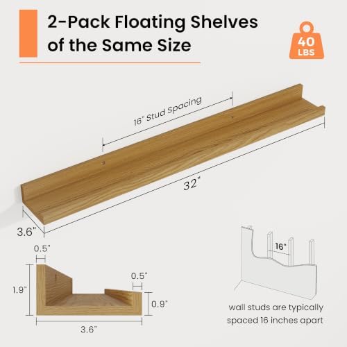 Picture Ledge Shelf, 32 inch Floating Shelves Set of 2, Oak Wood Shelf - Image 3