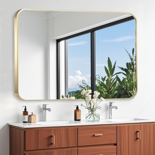48x30 Inch Gold Bathroom Mirror, Brushed Brass Gold Metal Framed Rectangular - Image 2