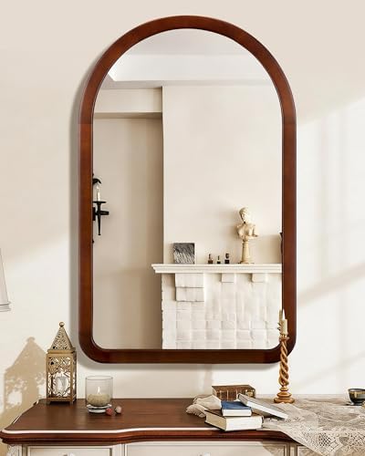 Arched Mirror 30 x 48 Inch, Walnut Brown Wood Rustic Bathroom Tempered Wall - Image 3