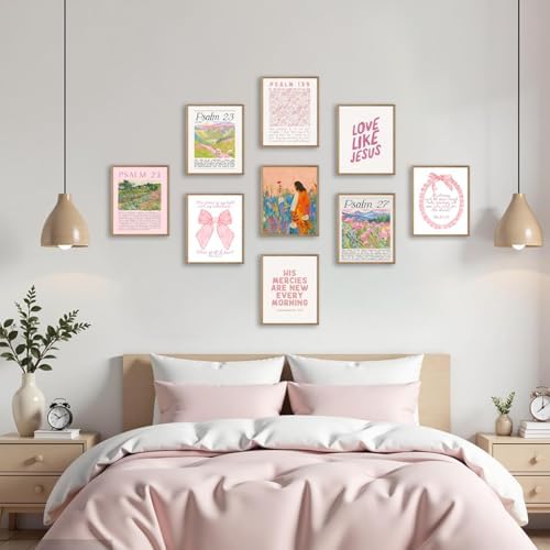 Msvenors Pink Christian Posters Wall Art Set of 9, Bible Verse Canvas Wall - Image 2