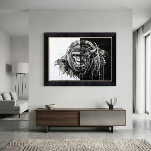 Framed Canvas Wall Art Monochromatic Mixed Media Gorilla and Bison Split View - Image 7