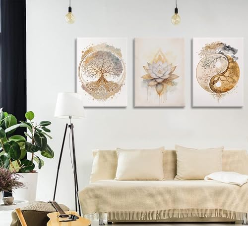 Tree of Life Canvas Wall Art Lotus Zen Painting Picture Wall Decor Abstract Yin - Image 4