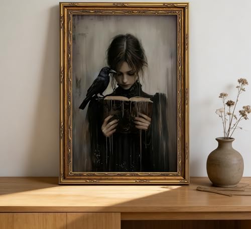 Vintage Gold Framed Girl Reading Book Canvas Wall Art Dark Academia Gothic - Image 6
