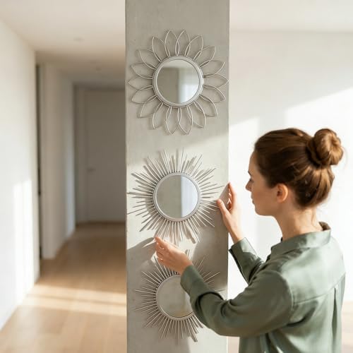 Boho Sunburst Wall Mirror Set of 3, 12 Inch Round Antique & Modern Metal Wall - Image 6