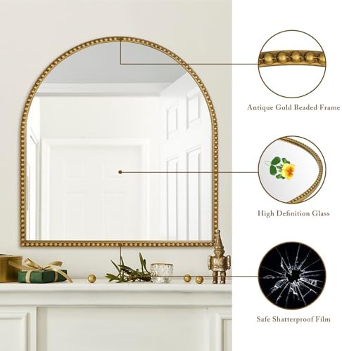 33x31 Inch Arched Bathroom Mirror, Antique Gold Wall Mirror Metal Beaded Frame - Image 3