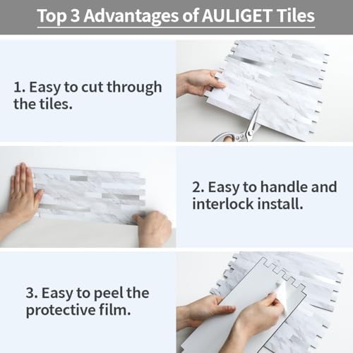 AULIGET Faux White Stone Peel and Stick Backsplash, 2 PVC Mixed Metal Wall - Image 4