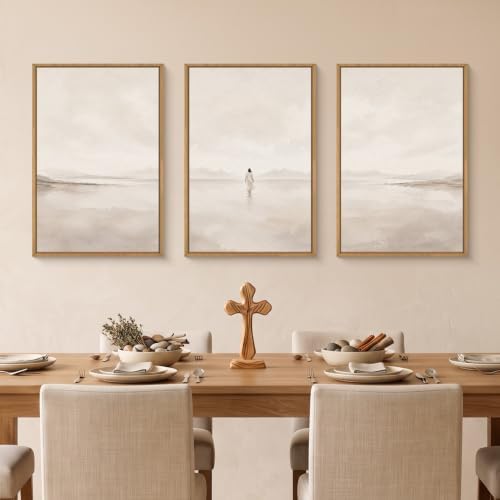 Large Abstract Jesus Christian Framed Canvas Wall Art, Neutral Beige Lake Wall - Image 3