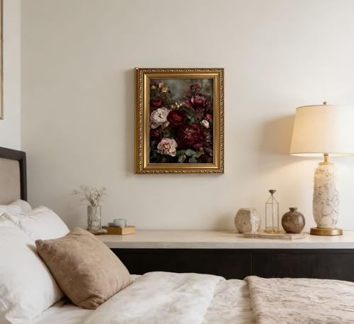 Vintage Gold Framed Floral Wall Art Dark Moody Flower Botonical Canvas Painting - Image 4