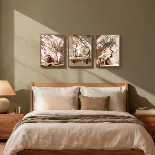 3pcs Wabi Sabi Boho Olive Tree Pampas Grass Framed Canvas Wall Art - Image 2