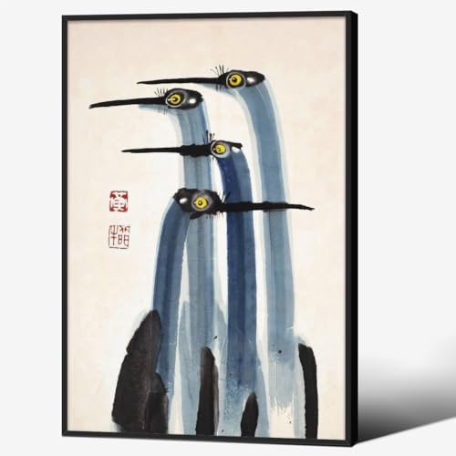 Vintage Japanese Crane Black Framed Poster Antique Asian Bird Canvas Wall Art by Unknown