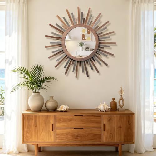 24 Inch Boho Sunburst Mirror, Decorative Rustic Farmhouse Wall Decor - Image 2