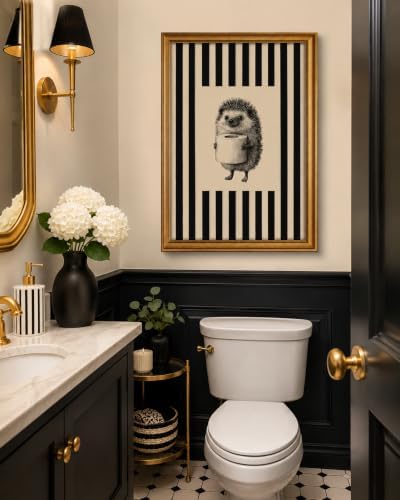 Gold Framed Wall Art, Funny Bathroom Hedgehog Canvas Prints, Vintage Hedgehog - Image 4