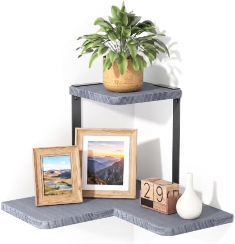 SRIWATANA 2-Tier Corner Wall Shelf, Rustic Wood Display Shelf Weathered Grey by SRIWATANA