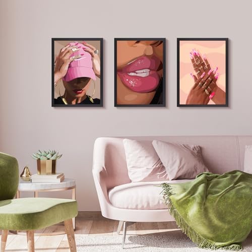Hianan Wood Framed Fashion Pink Black Girl Wall Art Set of 3, 16x24 in - Image 3
