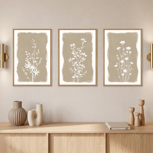 Aryroi Beige Florals Wall Art, Framed Neutral Minimalist Boho Flower Decor - Image 3