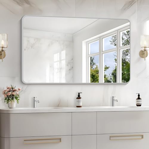 48x30 Inch Silver Bathroom Mirror, Metal Framed Silver Rectangle Mirrors by WelcometoCIVENO