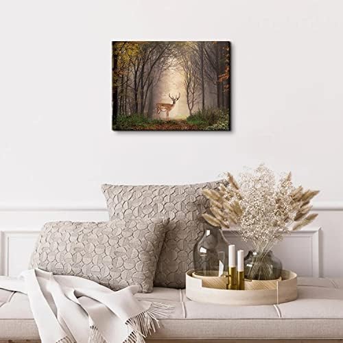 Wild Animal Landscape Canvas Wall Art Deer in Autumn Foggy Forest Picture Wall - Image 6