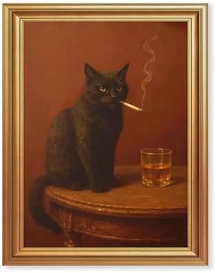 ICHZUMW Gold Framed Funny Black Cat Whiskey Vintage Canvas Wall Art 8x10 In by Unknown