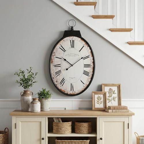 Large Oval Wall Clock 25 Inch, Antique Distressed White Decorative Clock - Image 2