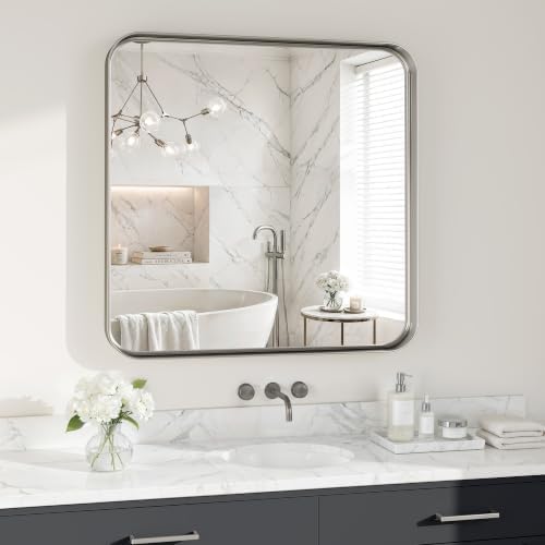Bathroom Mirror for Wall, 30 Inch Square Mirror, Matte Silver Metal Framed by MYSUNORIA