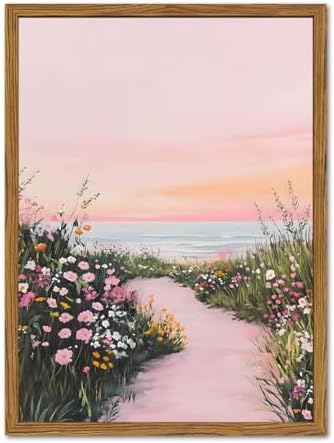 Framed Vintage Landscape Wall Art, Rustic Wildflower Nature Paintings Canvas by Unknown