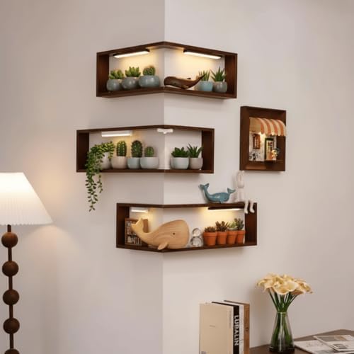 Floating Corner Shelves with LED Lights, 1-Tier Wall Mounted Wooden Corner - Image 4