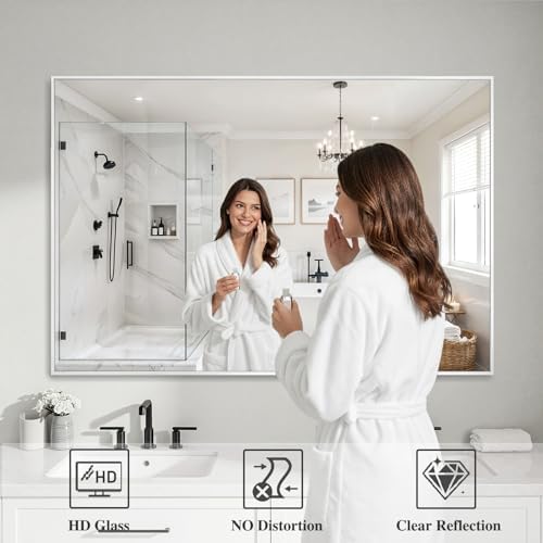 Koonmi White Rectangle Wall Mirror, 36x48 Inch Bathroom Mirror, Aluminum Frame - Image 3