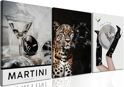 Framed Trendy Leopard Canvas Wall Art Set of 3, Funky Martini Cheetah Pictures by Unknown