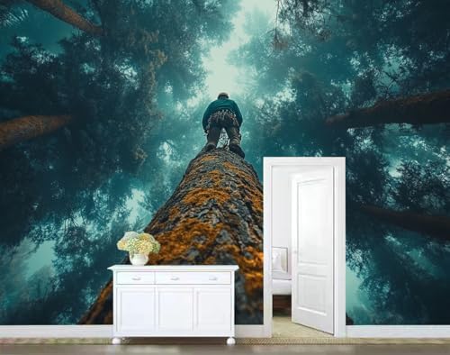 Teal Brown 3D Large Wall Mural Wallpaper Person on Tree in Misty Forest Natural - Image 4