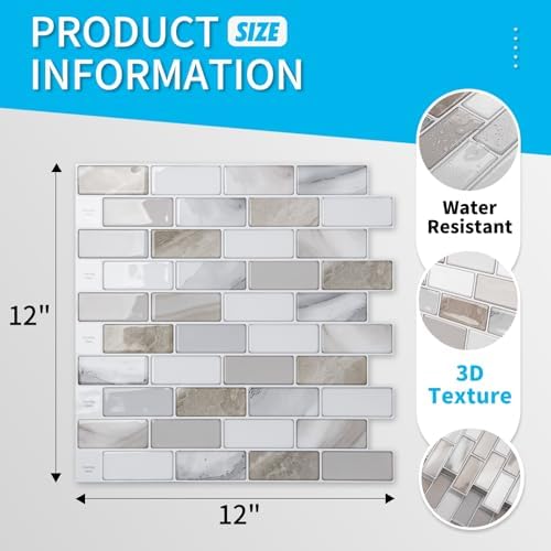 Art3d 10-Pack Marble Peel and Stick Backsplash, 12 x 12 in - Image 5