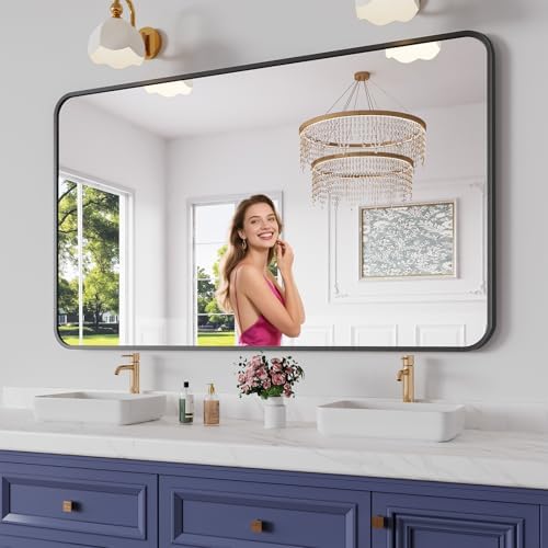 Koonmi Bathroom Mirror, 36X60 Brushed Black Metal Framed Wall-Mounted Mirror by KOONMI