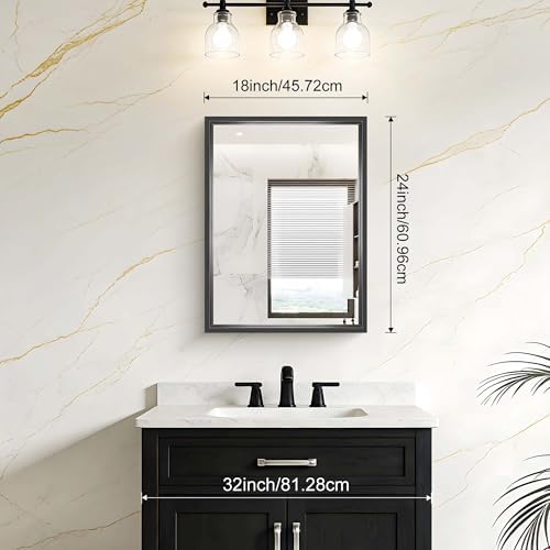 Bathroom Mirror, 18 x 24 inch Brushed Black Metal Frame Rectangular Vanity - Image 2
