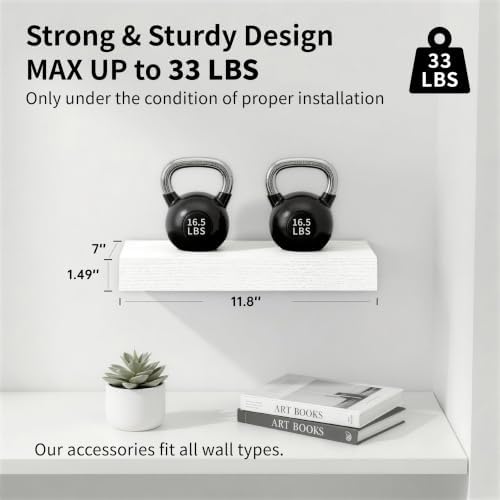 White Floating Shelves for Wall, 12 Inch Wooden Shelves Set of 3 - Image 4