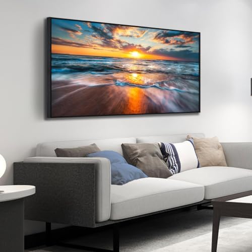 Framed Sun Wall Art for Living Room, 48 x 24 Inches Blue Wave and Large Coastal by GUGIKA