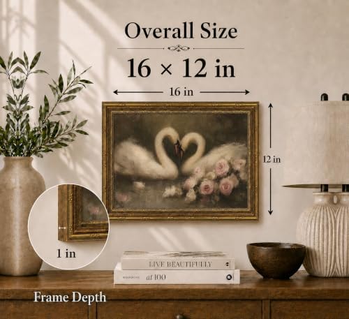 Gold Framed 3D Textured Wall Art, Vintage Rose Swan Canvas Prints, Romantic - Image 4