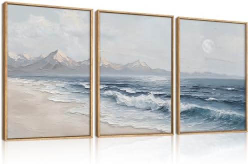 HLNIUC Blue Ocean Wave Framed Canvas Wall Art, Large Modern Sea Beach Wall Decor by HLNIUC