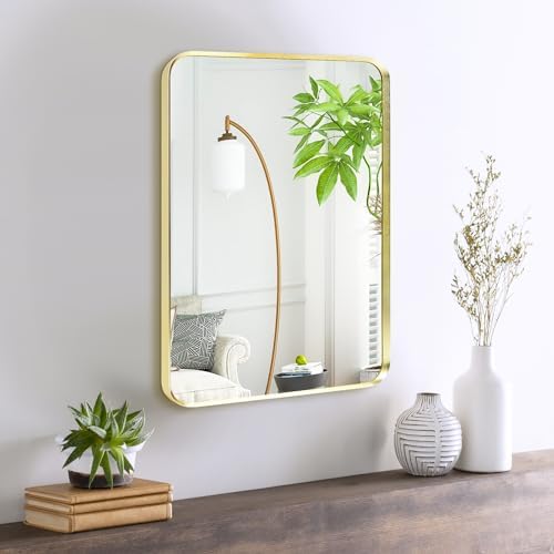 Gold Bathroom Mirror 18x24in, Metal Framed Rounded Rectangle Wall by Minuover