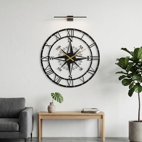 ECHORA Large Metal Compass Rose Wall Clock, Roman Numeral, Nautical Farmhouse - Image 2
