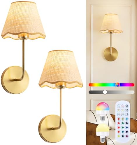 ADISUN Battery Operated Wall Sconce Set of 2, Rechargeable Bulbs, RGB. Rattan by ADISUN