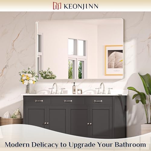 Keonjinn 55 x 36 Inch Brushed Nickel Bathroom Mirror, Tempered Glass - Image 2