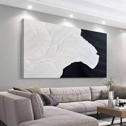 Black and White Abstract Wall Art Textured Oil Paintings 35x71 Inch by Tarfupth