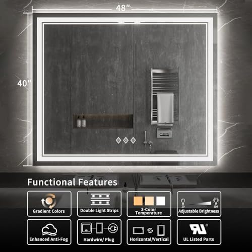 Vanity Mirror with Lights, 48x40 Inch Gradient Front and Backlit Smart Mirror - Image 2