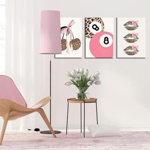 Trendy Pink Leopard Bow Canvas Wall Art Set of 3 Funky Cherry Lucky 8 Ball - Image 4