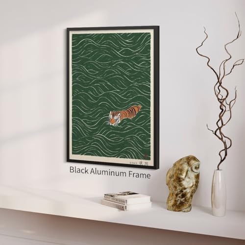 Black Framed Vintage Japanese Tiger Swimming Prints 16x24in Ukiyo-e Style Wall - Image 6