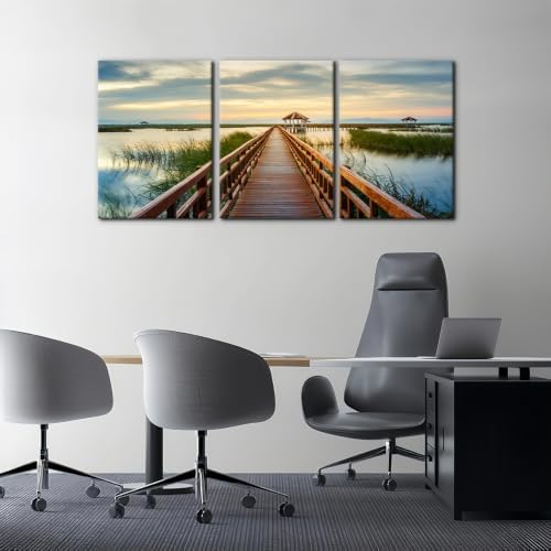 Pacimo Wooden Bridge Wall Art Posters Lotus Lake on Sunset Pictures National - Image 3