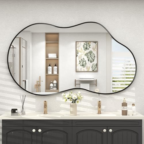 48x27 Black Irregular Mirror, Matte Asymmetrical Bathroom Mirror by CHARMOR
