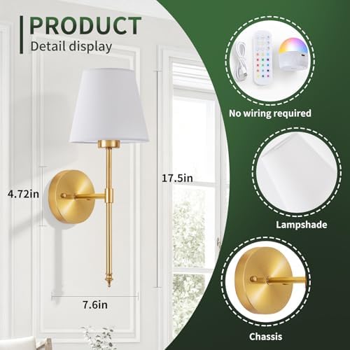 Battery Operated Wall Sconces Set of 2, Wireless Battery Wall Light - Image 2