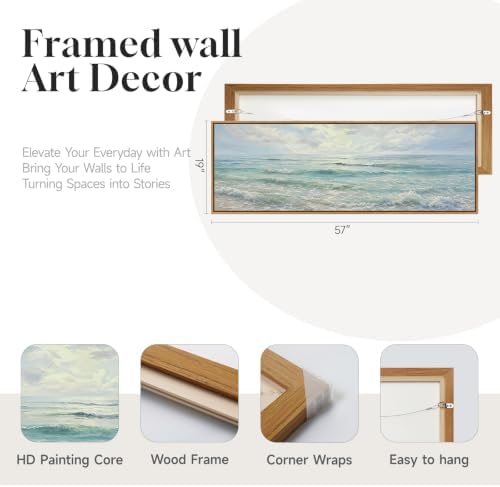 Framed Long Narrow Blue Coastal Landscape Horizontal Wall Art, 60x20 Inch - Image 5