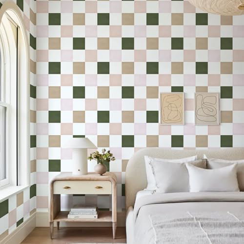 Ismoon Modern Peel and Stick Wallpaper Pink and Green Checkered Contact Paper - Image 7